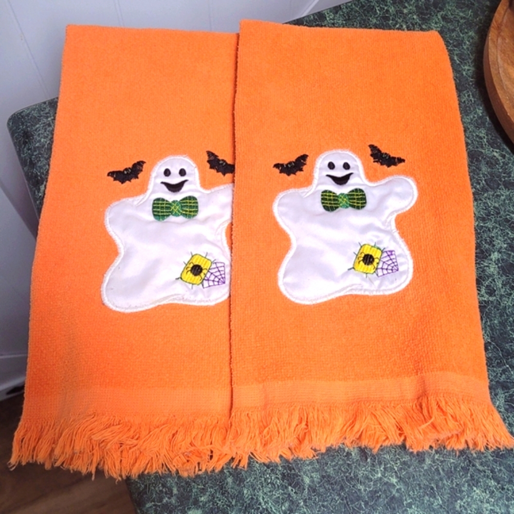 Halloween Ghost and Pumpkin Embroidered Hand Towel Set